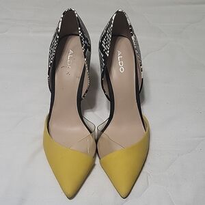 ALDO Yellow Pointed D'Orsay Pumps with Snakeskin-Pattern Heel "LIKE NEW Size 7.5